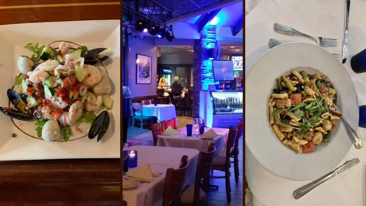 Fresh seafood plates on a polished table.